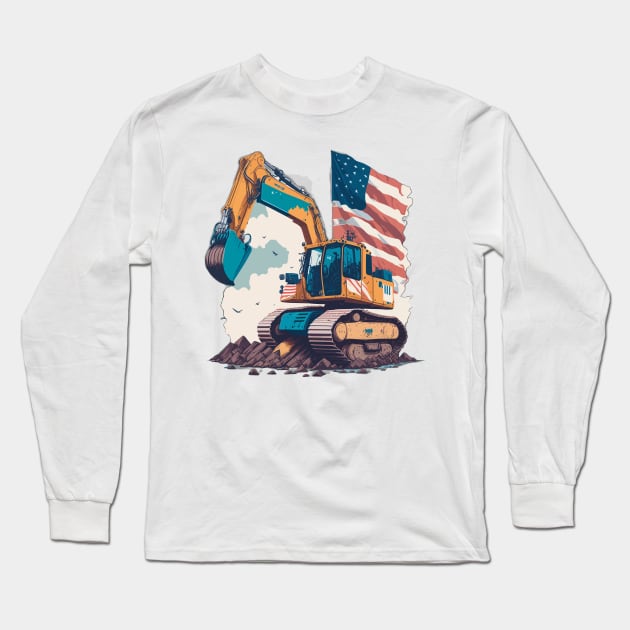 Excavator Dad Shirt American Flag Long Sleeve T-Shirt by Schka